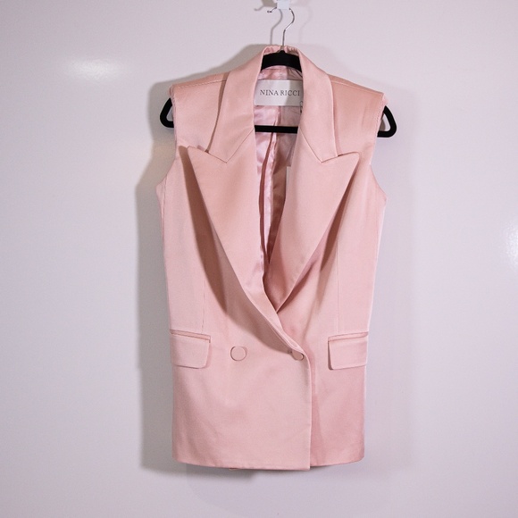 NEW Nina Ricci Double Breasted Collared Sleeveless Crepe Satin Jacket Vest Blush